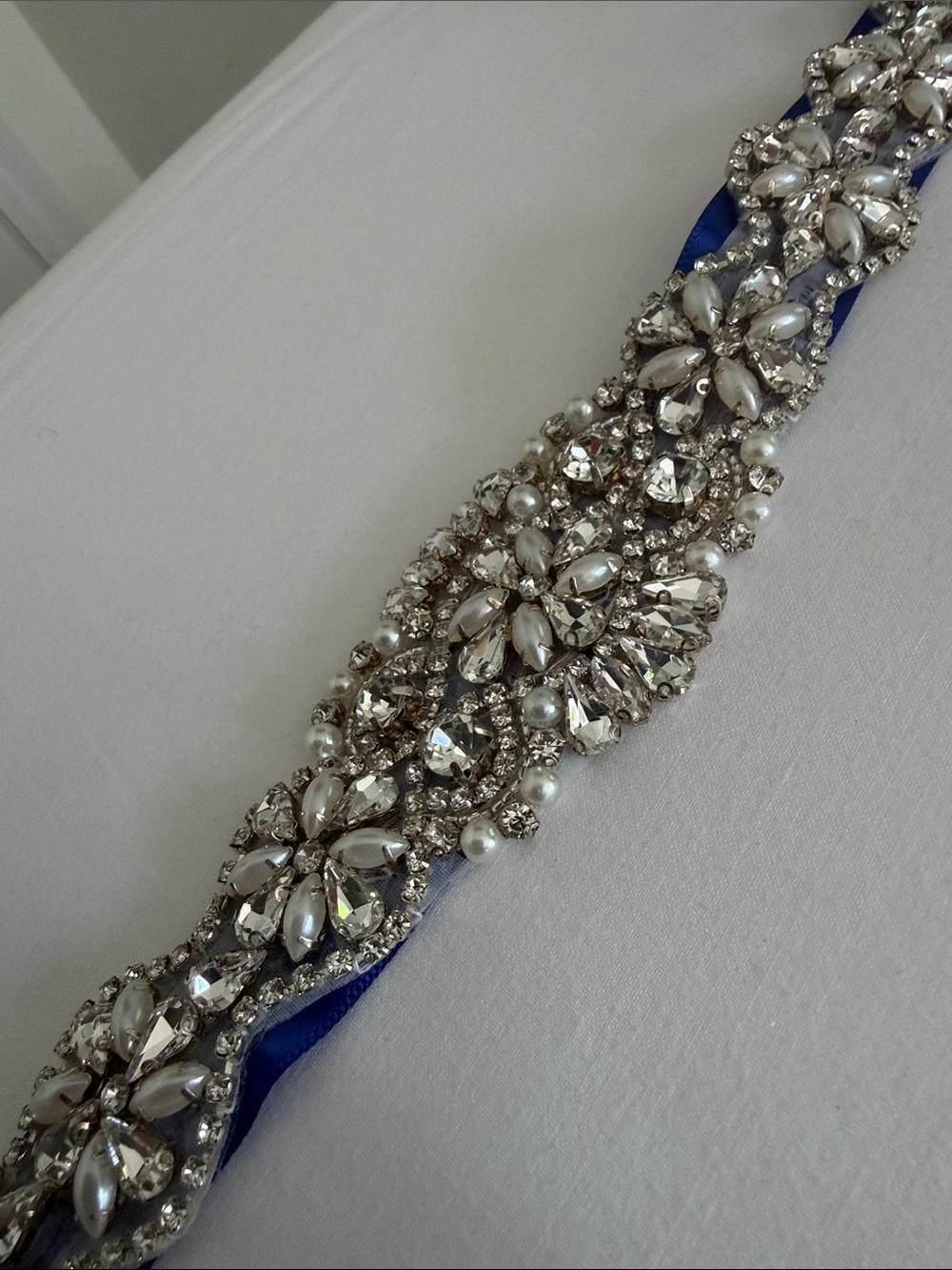 Rhinestone Floral Sash Belt with Royal Blue Ribbon